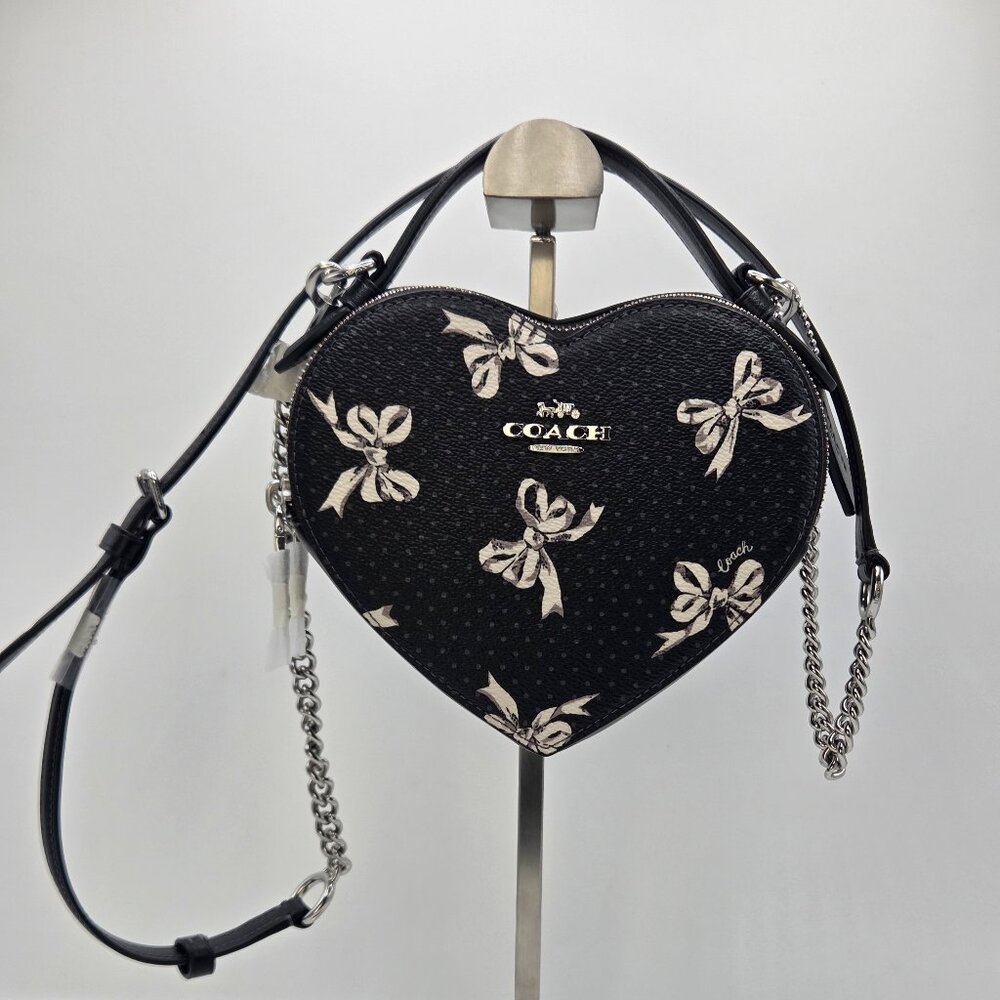 Women's Heart Crossbody Bag with Bow Print Black Multi